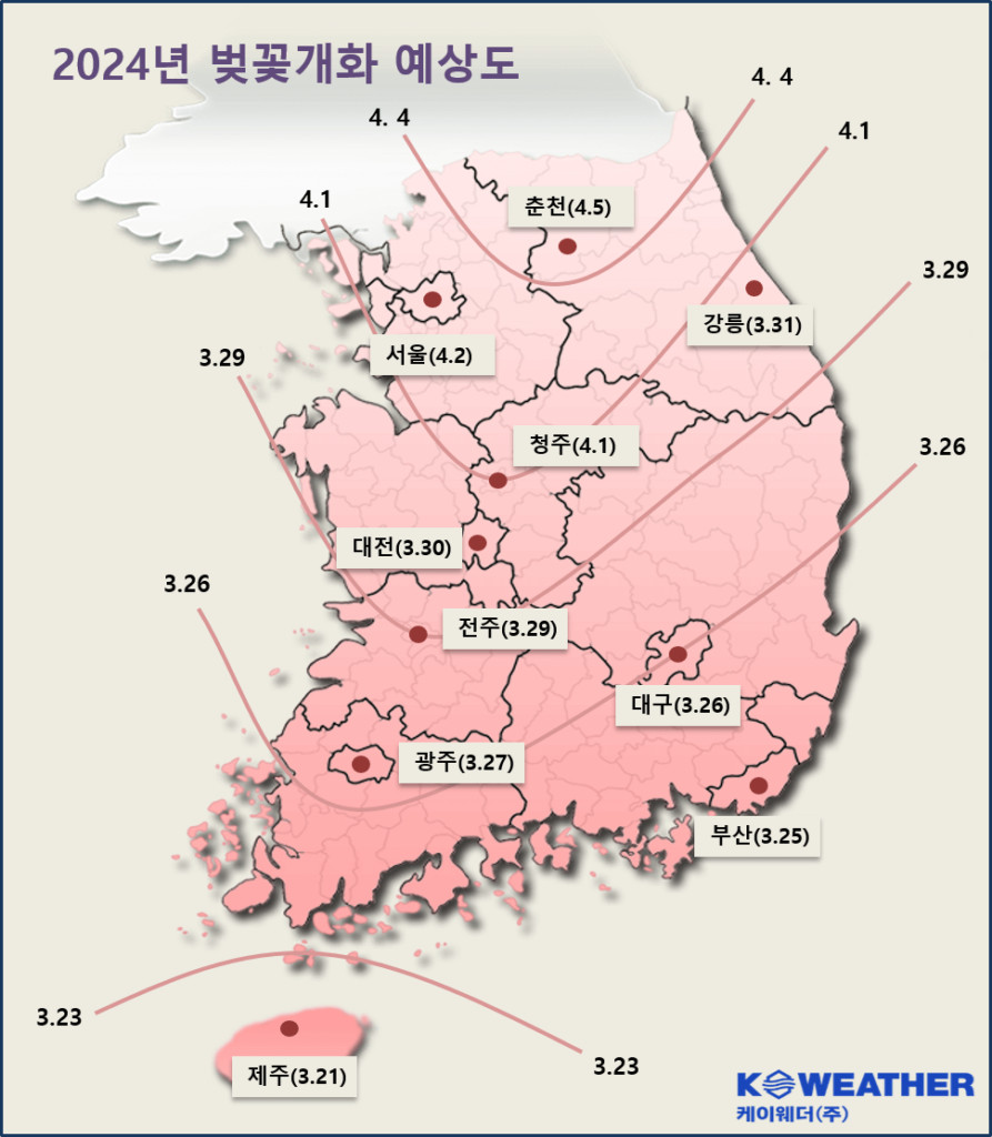 kweather.co.kr 사이트 2024년 벚꽃 개화시기 일정