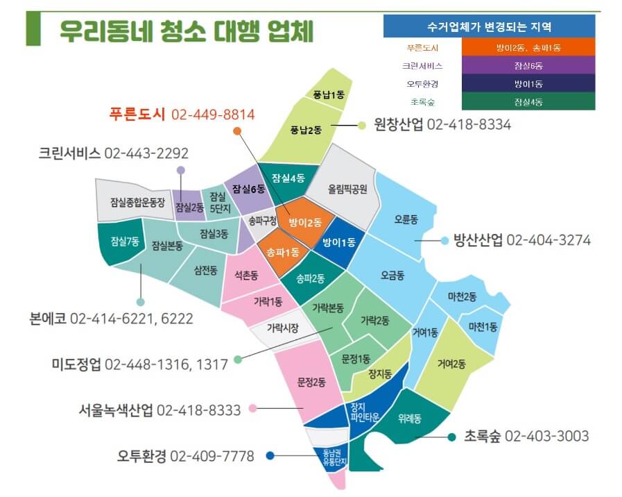 송파구 동별 폐기물 수거 업체 모식도
